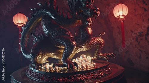 Dramatic dragon statue in mystical cave with lanterns and smoke effects