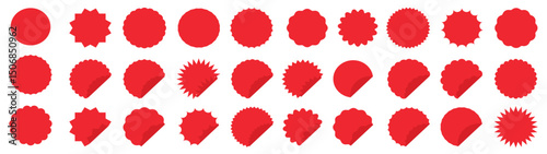 Red sticker label collection for sale, promotion. Blank sticker badge. Stickers and badges with star edges. Different shop label shapes vector illustration