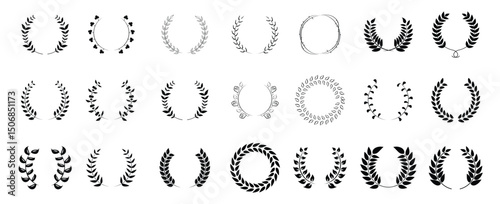 Laurel wreath collection. Set of black laurel wreath brunch decoration. Black vintage laurel wreath collection