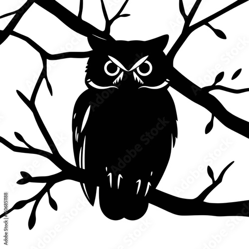 Wise Owl Silhouette: An elegant black silhouette of an owl perched gracefully on the intricate branches of a tree. Its piercing eyes and commanding presence are enhanced by the contrasting starkness.