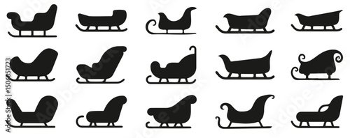 Santa Claus sleigh icons. Black Christmas sleigh silhouette. Winter holiday sleigh icons. Set of black sleigh silhouette vector illustration
