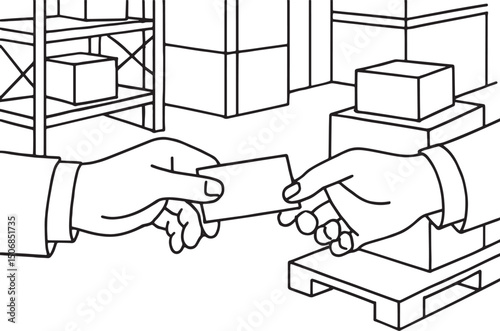 Two Businessman exchange card in warehouse