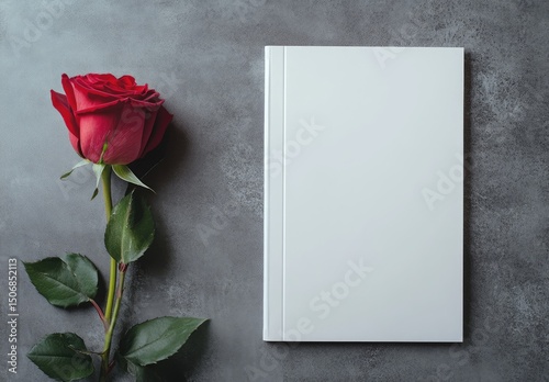 Red Rose Beside Blank Book on Gray Surface