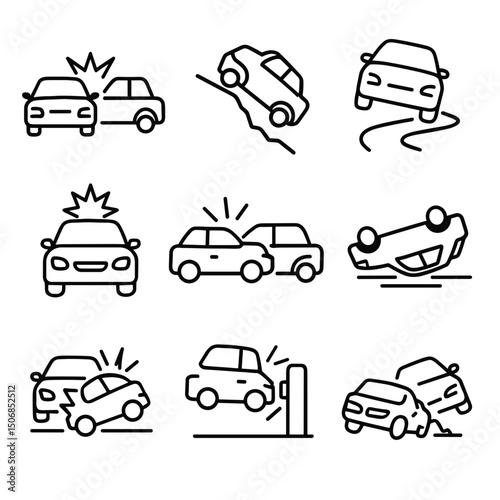 Vector icon set depicting car accidents and collision scenarios  