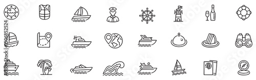  nautical vessel ship cruise ship passenger ship navigational compass editable stroke icon set.