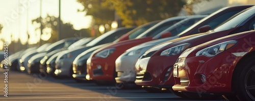 Cars lined up in a parking lot at sunset