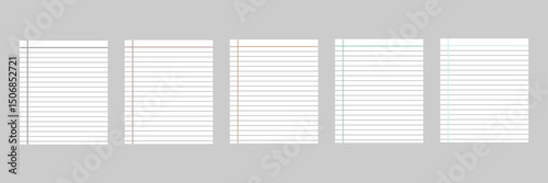 Set of Paper sheets from notepad. School copybook page with lines grid. Realistic White sheet template. Notebook for education. Blank notepaper with shadow. Paper sheet in line on gray background.