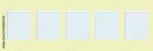 Set of Paper sheets from notepad. School copybook page with lines grid. Realistic White sheet template. Notebook for education. Blank notepaper with shadow. Paper sheet in line on gray background.