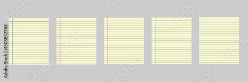 Set of Paper sheets from notepad. School copybook page with lines grid. Realistic White sheet template. Notebook for education. Blank notepaper with shadow. Paper sheet in line on gray background.