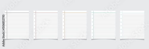 Set of Paper sheets from notepad. School copybook page with lines grid. Realistic White sheet template. Notebook for education. Blank notepaper with shadow. Paper sheet in line on gray background.