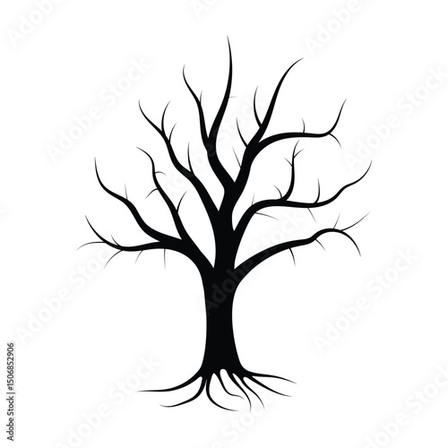 Leafless Tree Silhouette with Bare Branches and Roots Isolated on White
