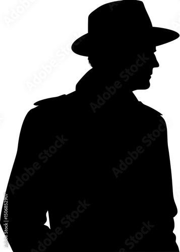 A black silhouette of a man with a fedora hat and trench coat. Centered composition, mid-chest up, facing forward with the head turned in profile. Solid black figure against a white background, with a