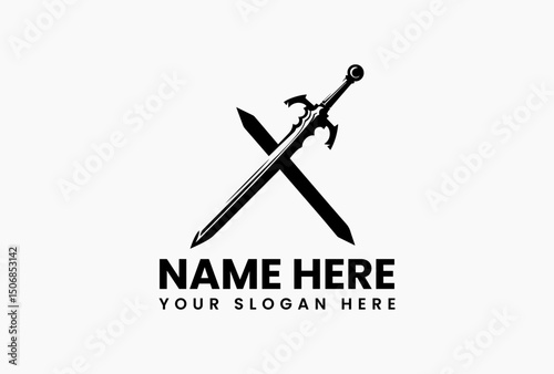 A bold black tribal sword vector logo with a gleaming sharp blade and an intricate hilt
