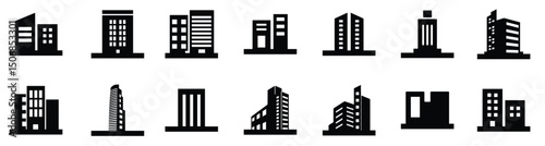 Skyscraper icons. Set of different building icons. Simple skyscraper signs. Black architecture icons