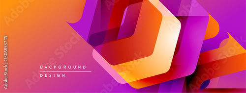 Abstract geometric design. Vibrant gradients blend orange, purple, red. Overlapping shapes create dynamic visual texture. Modern background element.