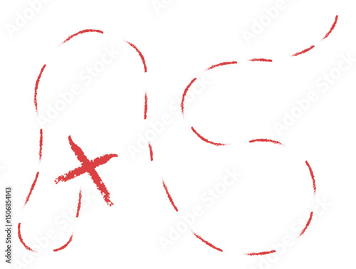 Treasure map element. A dashed line and red X mark ink on the map, the treasure map with a dotted line, X marks the spot, dashed line to an X, red ink	
