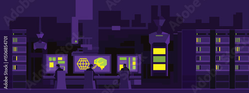 Futuristic server room with operators working at AI and data processing terminals.