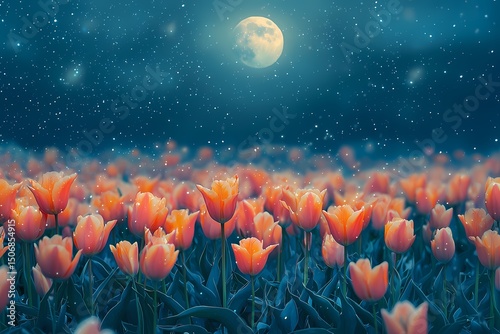 Enchanting field of orange tulips under a magical night sky full moon and gentle falling stars Soft lighting blurred