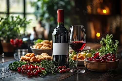 Red Wine Bottle with Blank Label Glass and Appetizers on Wooden Table

 photo