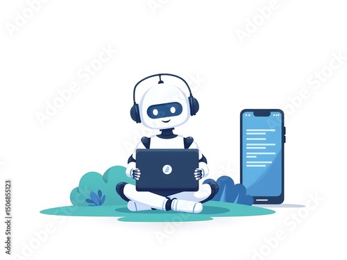 Wallpaper Mural Ai robot working on laptop with headphones and smartphone illustration Torontodigital.ca