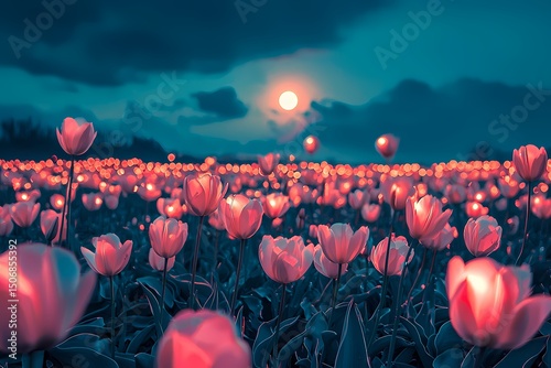 Serene sunset over a field of glowing pink tulips bathed in soft twilight light a magical scene