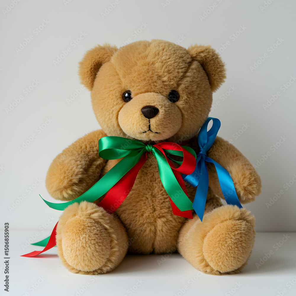 Obraz premium Brown Teddy Bear with Red, Green, and Blue Ribbons: Plush Toy, Gift, Child's Plaything