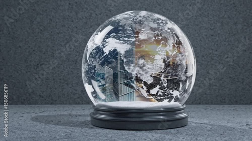 Rotating globe with urban skyscraper reflection at sunset inside a glass sphere