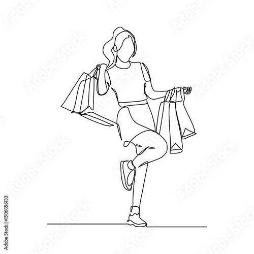 Continuous singe one line drawing art of happiness woman holding paper shopping bags. Vector illustration of shopper big sale consumerism sketch editable stroke