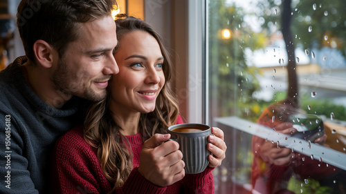 Cozy Couple Enjoying Warm Drinks by Rainy Window