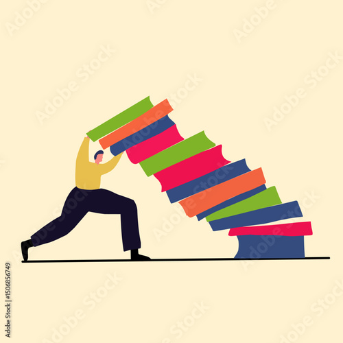 A minimalist vector illustration of a man struggling to hold up a large, unbalanced stack of colorful books. Symbolizes stress, overload, responsibility, or hard work in education or career