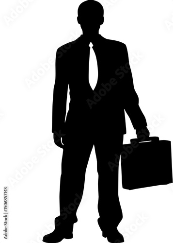 A silhouette of a man in a suit holding a briefcase, standing full body and facing forward. His head is in profile, and the tie is white. Entire design is black and white, minimalist and stark.