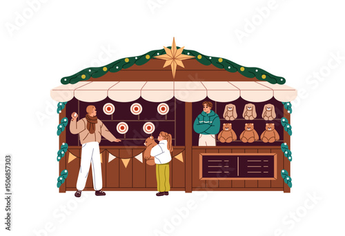 Father hits the range of targets in Xmas stall to win gift for his kid. Man plays in shooting gallery, Christmas chalet for toy for girl in winter funfair. Flat isolated vector illustration on white