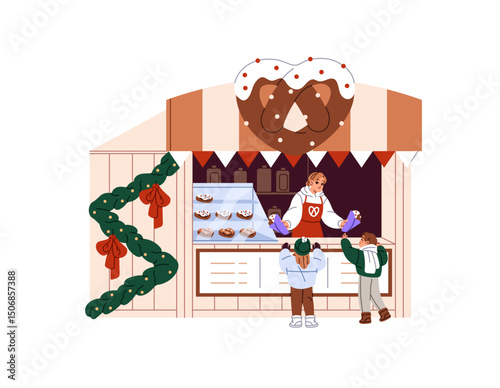 Woman at the counter of chalet sells Christmas pretzels to kids. Children buy food in decorated Xmas stall in festive winter market, funfair. Flat isolated vector illustrations on white background
