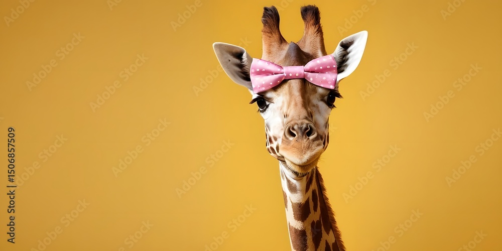 Funny Giraffe with Oversized Pink Bow Tie Whimsical Animal Portrait. for childrens products, greeting cards, posters, advertising Funny Giraffe with Oversized Pink Bow Tie Whimsical Animal Portrait. for childrens products, greeting cards, posters, advertising