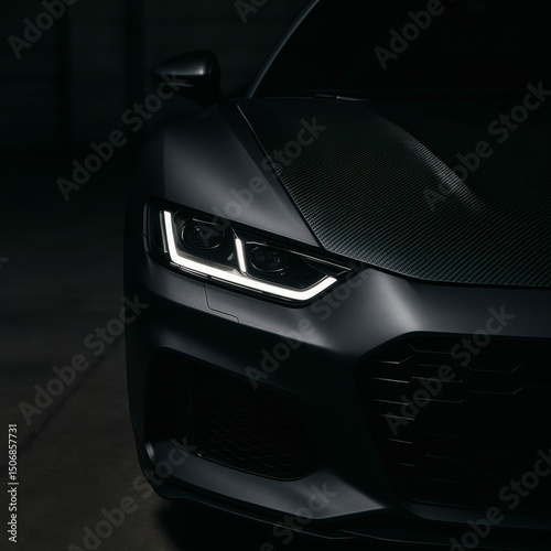 Close-up of sleek matte black supercar’s headlights and carbon fiber hood in a dimly lit garage, showcasing power, precision engineering, and luxury automotive design details