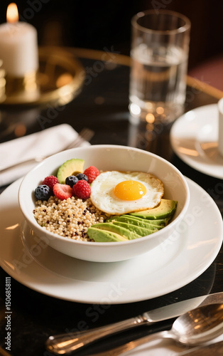 A bowl of buckwheat with fried eggs, avocado and berries,