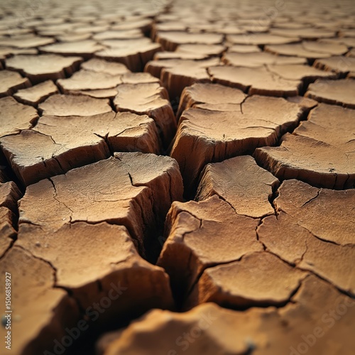 Close-up of parched summer ground with deep cracks, forming textured abstract dry soil background. Brown earth texture, dryness, drought concept. Arid land, dry land, global warming, climate change,
