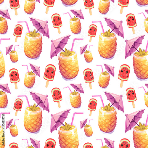 Bright seamless summer pattern featuring pineapple drinks, popsicles, fruit slices, and cocktail umbrellas, perfect for holiday packaging, summer textiles, party decor, or wrapping paper