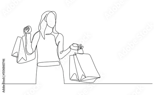Continuous singe one line drawing art of happiness woman holding paper shopping bags. Vector illustration of shopper big sale consumerism sketch editable stroke