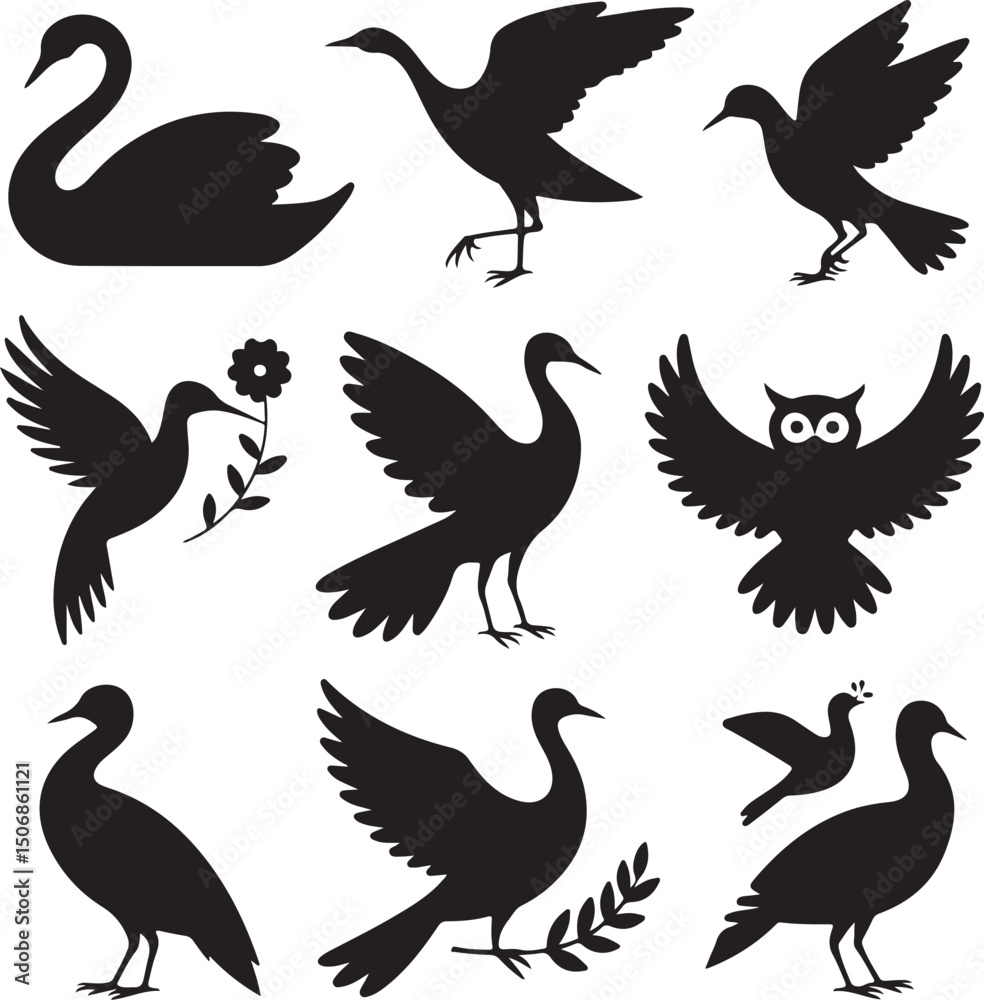 Fototapeta premium Black Vector Silhouette Set of 10 Elegant and Decorative Bird Poses