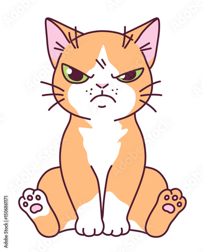 Sitting dissatisfied cat with peach and white coloring on a white background.