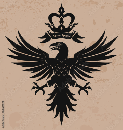 Black heraldic raven with crown and lettering on the ribbon in antique style. 