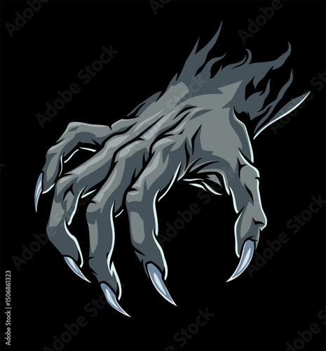 Scary hand with sharp claws in the darkness. Vector illustration.