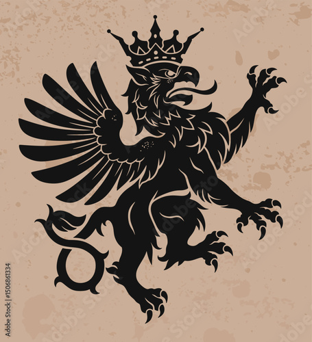 Black heraldic rampant griffin with crown in antique style. 
