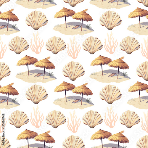 Seamless Beach Pattern with Straw Umbrellas and Seashells. Tropical Beach Umbrella and Shell Vector Design. Summer Seamless Pattern with Sand Parasols and Coral

