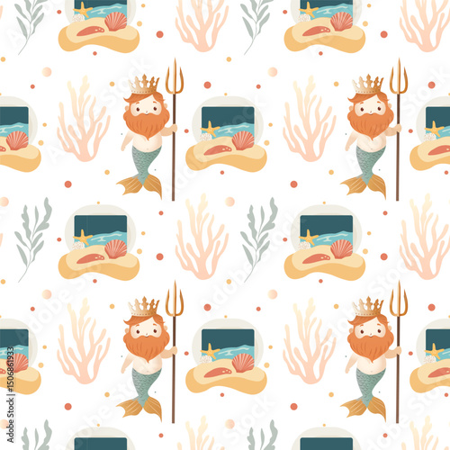 Fantasy seamless pattern with mermaids, sea king, tridents, corals, and underwater plants. Mythical Sea World Vector with Mermaids and Poseidon

