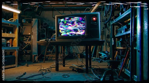 Retro television pixel glitch transitions to darkness in vintage workshop setting