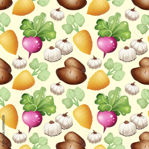 Organic Root Vegetables Vector Background. Fresh Farm Produce Pattern with Mushrooms, Garlic, and Radish. Healthy Food Seamless Pattern with Greens and Root Veggies