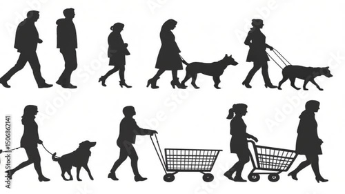Animation video Silhouettes of business people and a woman walking a dog on a leash, vector illustrations of pet training.
