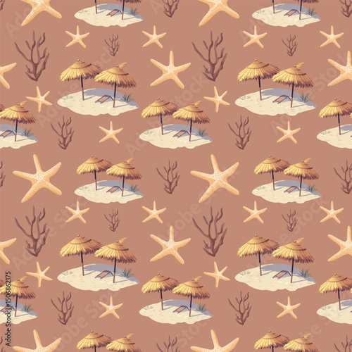 Seamless Beach Umbrella and Coral Pattern. Tropical Island Pattern with Starfish and Parasols